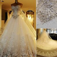 Wholesale 2019 Modest sparkly Crystal lace Wedding Dresses Luxury Cathedral Train Bridal Gowns Real Image plus size wedding gown Pnina Tornai