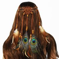 Wholesale Bohemia Style Handmade Peacock Feather Headbands with Flannel and Beads Dream Catcher Tassel Shape Hair Accessories for Women