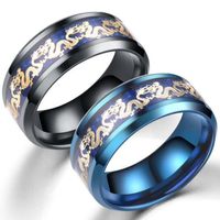Wholesale Black Blue Ring Men Chinese Traditional Gold Dragon Inlay With Blue Stainless Steel Rings Fashion Jewelry