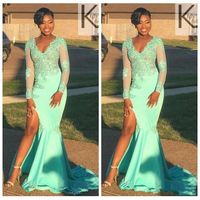 Wholesale Tight Mermaid African Prom Dresses Cheap for Black Girl V Neck Mint Green Lace Long Sleeves Prom Dress High Split Evening Gowns