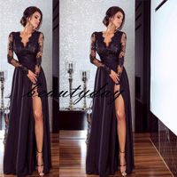 Wholesale Black Evening Dresses with A Line Labourjoisie Arabic Dubai Middle East Formal Gowns Party Long Sleeve V Neck Front Split Prom Dress
