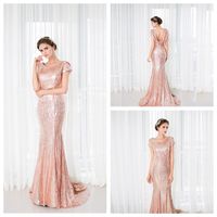 Wholesale Sparkly Scoop Rose Gold Bridesmaid Dress Mermaid with Sweep Train Vintage Inspired Bridesmaid Dresses with Sleeves Sexy Back Party Dresses