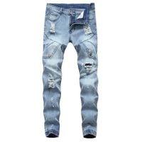 Wholesale Men Biker Jeans Hole Ripped Light Blue Color Bunch Of Foot Slim Fit All Season Casual Style Skinny Pants
