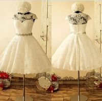 Wholesale 2020 Short Plus Size Wedding Dresses Custom Made Cap Sleeves Matched Sash Applique A Line Tea Length Half Sleeve Lace Vintage Bridal Gowns