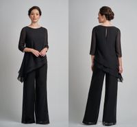 Wholesale Simple Black Two Pieces Mother of the Bride Groom Pants Suits Cheap Unique Designed Plus size Long Sleeves Evening Gowns