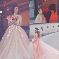 Wholesale 2019 Arabic Light Pink A Line Wedding Dresses Appliques Sheer Neck Backless Long country blush Wedding Reception Wear Formal Gowns