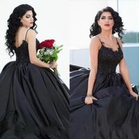 Wholesale 2020 Arabic Ball Gown Gothic Style Black Wedding Dresses Spaghetti Straps Appliques Lace Satin Floor Length Bridal Gowns Custom Plus Size