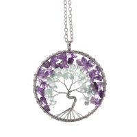 Wholesale Womens Tree Natural Small Light Green and Purple Stone Pendnat Necklace with Metal Chain