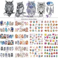 Wholesale 12 types cute cartoon owl pattern water sticker decals tattoo manicure nail art decorations diy tool bn1153