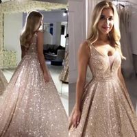 Wholesale Sparkling Prom Dresses A Line V Neck Champagne Gold Sequin Evening Gowns Puffy Formal Cocktail Party Ball Dress