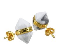 Wholesale Pairs Gold Plated Stud Earrings Small Hexagon Column White Howlite Stone for Women Green Aventurine Jewelry