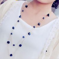 Wholesale Sweater Necklace two layers white blue black etc color square crystal through Metal snake Chain gold silver color plated