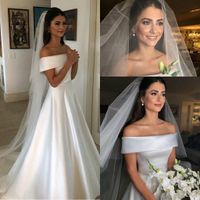 Wholesale 2020 Elegant High Quality Satin Plain Wedding Dresses Off Shoulder Wedding Gowns South Africa robe de mariee Bridal Gowns Covered Buttons