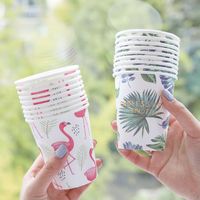 Wholesale cute disposable paper cups cartoons flamingo unicorn leaf patterns disposable cups kids boys girls baby birthday party drinking cups