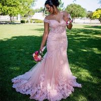 Wholesale Pink Off Shoulder Full Lace Mermaid Evening Dresses Plus Size with Appliques Sweep Train Short Sleeves Formal Prom Party Gowns
