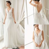 Wholesale New Wedding Dresses V Neck Sexy Backless A Line Lace Appliques Beach Wedding Dress Spot Tulle Plus Size Bridal Gowns