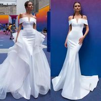 Wholesale 2019 Berta Mermaid Wedding Dresses Detachable Train Off The Shoulder Short Sleeve Pleats Open Back Beach Wedding Dress Bridal Gowns Custom