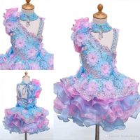 Wholesale Real Image High Neck Mini Short Cupcake Flower Girls Dresses Appliques Beaded Lace up Back Girls Pageant Dresses Kids Birthday Party Dresses