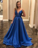 Wholesale 2020 Prom Dresses Royal Blue V Neck Criss Cross Back Elastic Satin A Line Formal Evening Occasion Dresses Custom Made
