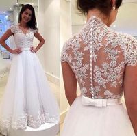 Wholesale Korean Indonesia Wedding Dresses Short Sleeve Boho Wedding Dress With Appliques White A Line V Neck Tulle Gypsy Bride Lace