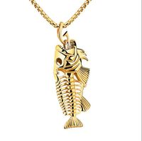 Wholesale Charms Fish Bone Fishing Hook Pendant Necklaces Shellhard Stainless Steel Hollow Fish Skeleton Bone Necklace Fashion Jewelry gift
