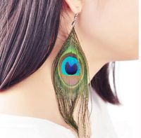 Wholesale Retro national style luxury peacock feather dangle chandelier earrings color wild earrings fashion trend Free Ship