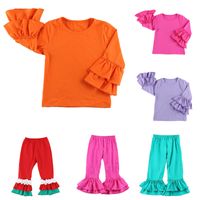 Wholesale Girls Solid Ruffle Suits Colors Toddler Baby Pleated Tops Kids Casual Clothes Girls Autumn Cotton Splice Pants Teens Casual Outfits
