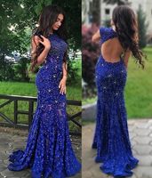 Wholesale Royal Blue Lace Evening Gowns Sparkly Crystals Open Back Party Gowns Mermaid See Through New Women Pageant Long Prom Dresses