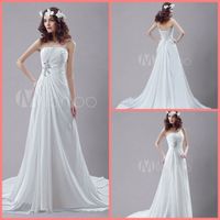 Wholesale New arrival White chiffon summer beach a line Wedding Dress Strapless Rhinestone court train Pleated Wedding Gowns best selling