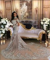 Wholesale Luxury Sparkly Mermaid Wedding Dresses Sheer Long Sleeve Sexy High Neck Bling Bling Beaded Lace Appliqued Chapel Bridal Gowns Dubai