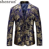 Wholesale Fashion Slim Fit Causal Blazer Men Blue Velvet Gold Floral Print Suit Jacket Wedding Stage Costumes Skinny Single Breasted suits