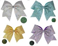 Wholesale 10pcs for girl Chunky Glitter Leather Sheets Glow In The Dark SUMMER NEW Glowing quot cheer Hair Bow Luminous elastic rubber