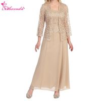 Wholesale ankle Length Chiffon Champagne Mother of Bride Dress with Lace Jacket two pieces sleeves Elegant Prom Dress Plus Size Party Dresses