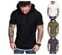 Wholesale 2019 Men Round Neck Solid Color Hooded Short Sleeved T Shirt Striped Pleated Raglan Sleeves European And American Men Clothing