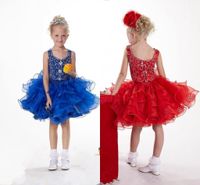 Wholesale Royal Blue Little Girls Pageant Dresses Cup Cake Hand Made Red Christmas Dresses Organza Short Beaded Crystal Pageant Gowns Q100