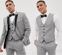 Wholesale 2020 Custom Made Grey Mens Suits Black Lapel Slim Fit Wedding Suits for Groom Groomsmen Prom Casual Suits Jacket Pants Vest Bow Tie