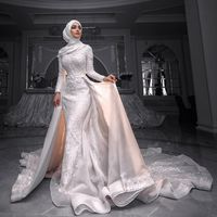 Wholesale Gorgeous Mermaid Lace Muslim Wedding Dresses With Detachable Train High Neck Long Sleeves Bridal Gowns Beading Tulle robes de mariée
