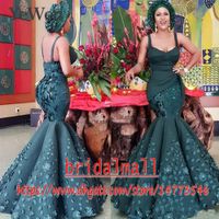 Wholesale 3D Floral Appliqued Dark Green Satin African Mermaid Evening Dresses Elegant Spaghetti Straps Formal Party Gowns Sexy Arabic Prom Dresses