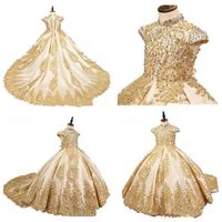 Wholesale 2020 Gold Lace Applique Ball Gown Flower Girls Dresses Sweep Train High Neck Kids Communion Gowns Beauty Child Girls Pageant Dress