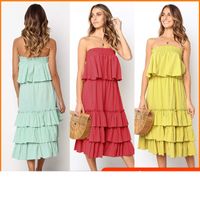 Wholesale Fashion Girl Dress Sleeveless Off the Shoulder Ruffles Summer Strapless Solid Color Mid calf Cake Chiffon Beach Dress