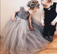 Wholesale Best On Sale Ball Gown Grey Tulle Flower Girls Dresse Bow Back Appliques Lace Wedding Guest Prom Party Pageant Gowns Sleeveless