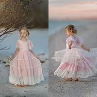 Wholesale Pink Bohemian Flower Girl Dresses For Weddings Ruffle Lace Little Girls Pageant Dress Jewel Neck Short Sleeve First Holy Communion Dresses