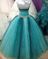 Wholesale Stunning Spaghettis Straps Puffy Tulle Long Prom Dresses Beaded Party Ball Gown Princess Dresses Junior Sweet Sixteen Quinceanera Dresses