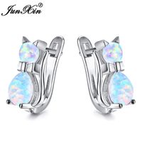 Wholesale cute female small cat hoop blue purple pink white fire opal for women silver color rose gold earrings