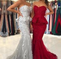 Wholesale Silver Grey Dark Red Burgundy Lace Prom Dress with Overskirt Mermaid Strapless Chic Women Evening Party Fomal Occasion Gowns