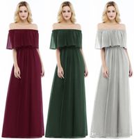 Wholesale 2019 Cheap Burgundy Off Shoulder A line Bridesmad Dresses Cheap Chiffon Formal Prom Evening Party Gown Long Maid Of Honor Dresses CPS952