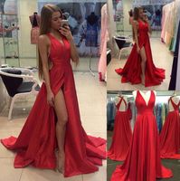 Wholesale Red A line Sexy Side Slit V Neckline Long Prom Dress with Sweep Train Satin Backless Formal Evening Party Gowns Real Picture High Quality