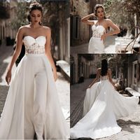Wholesale Sweetheart Lace Long Jumpsuit Wedding Dresses Tulle Applique Ruched Sweep Train Bridal Wedding Gowns With Detachable Skirt