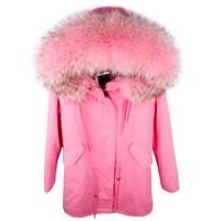 Wholesale Hot sale Maomaokong brand pink rabbit fur lined pink canvas long parka with pink raccoon fur trim hoody Women down coats
