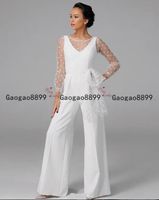 2020 Modeste Blanc Femmes Robe De Mariage Stain Femmes Jumpsuit Sheer Sexy Manches Longues Abiye Mariée Robes De Mariée Avec Pantalon Costume Deane